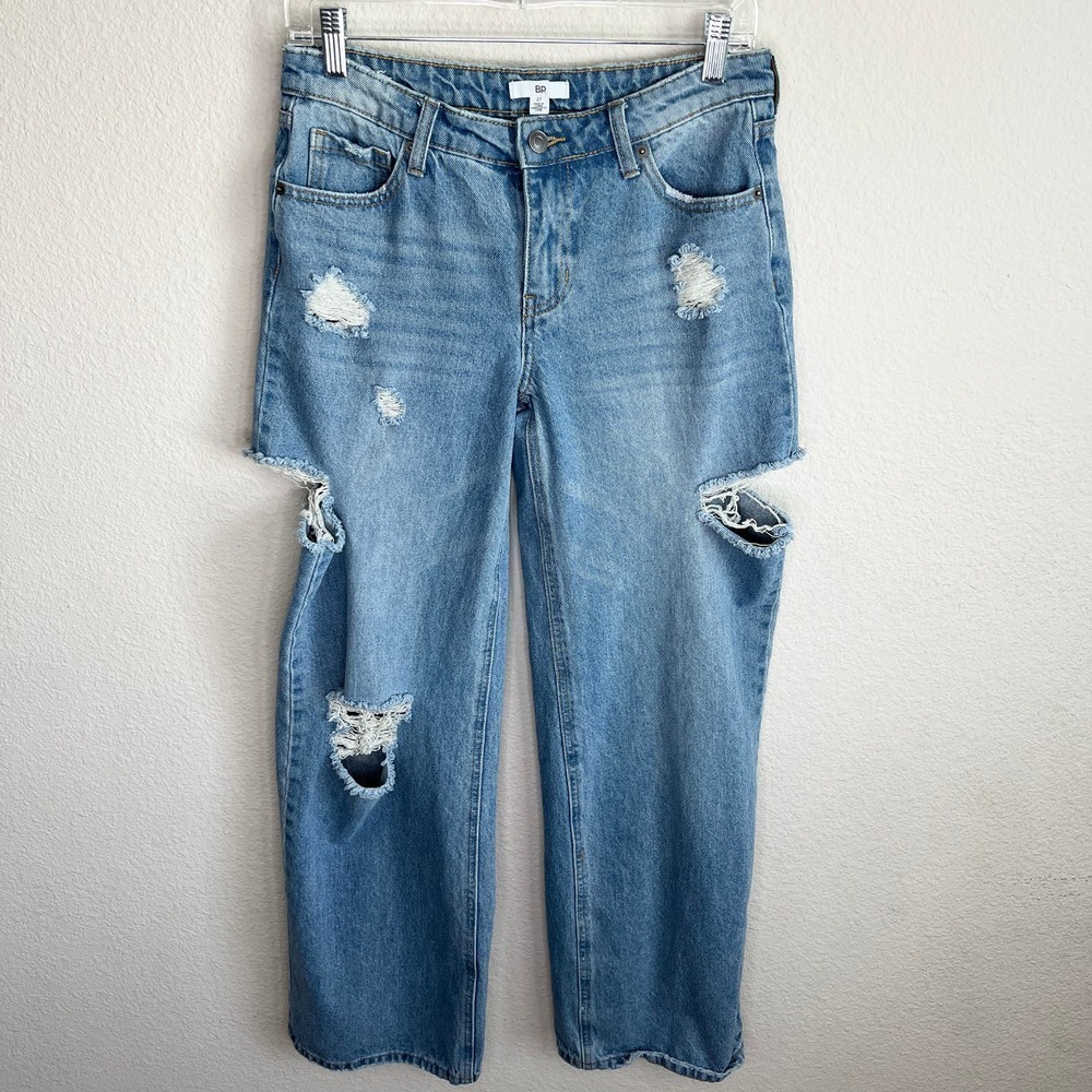BP Wide Leg Jeans Women's 27 Side Cut Out Mid Rise Medium Wash Cotton Trashed